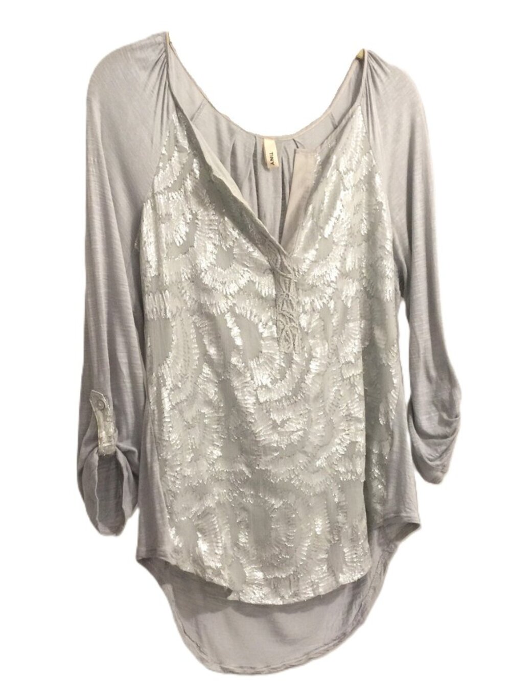 TINY Metallic Burnout Fabric Henley Style Top. Like NEW. Large.